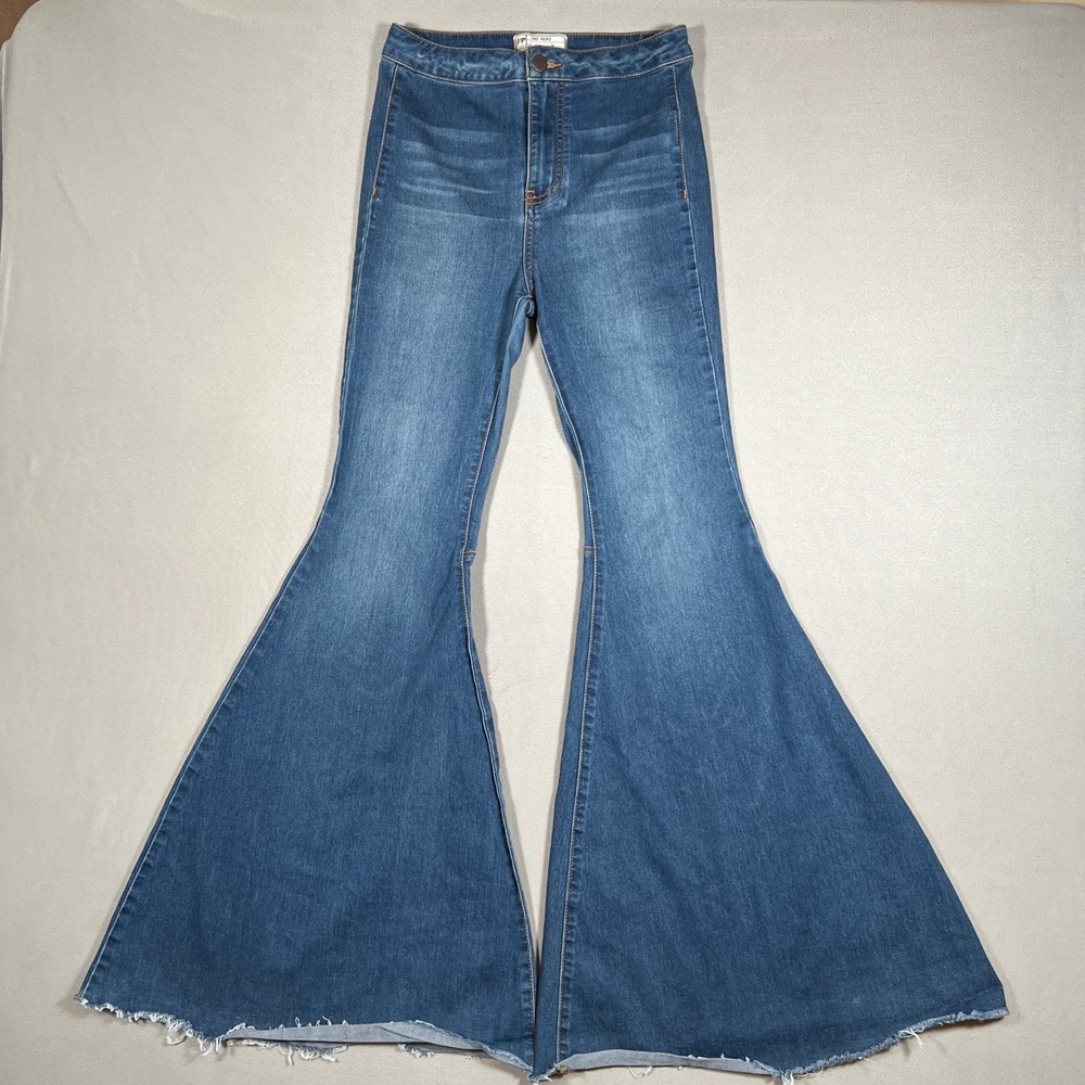 Free People Just Float On Flare Jeans Blue High Rise Bell Bottom Raw Hem 26x32